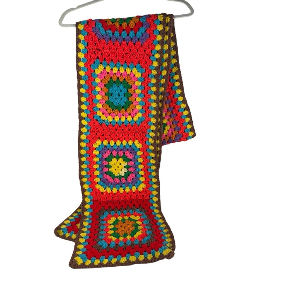 Handmade Crochet Granny Square Scarf Long Colorful Boho Hippie Rainbow Winter